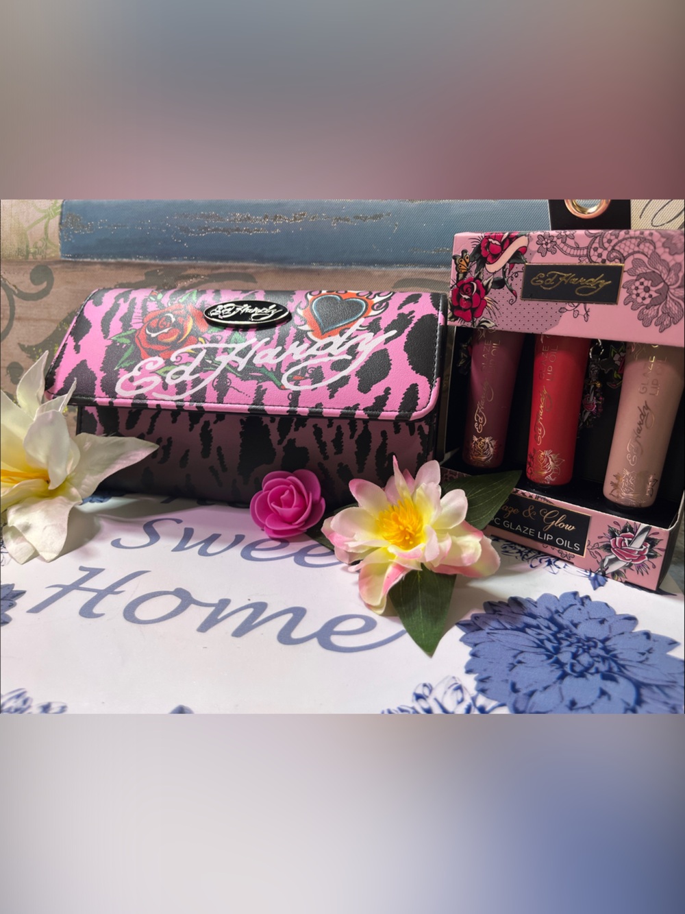 Ed Hardy wallet and Lip Gloss Trio bundle